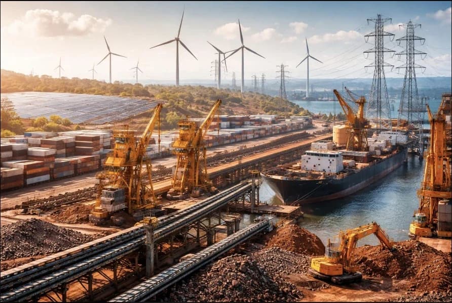 Port industriel avec grues, convoyeurs de minerai, lignes électriques, éoliennes et panneaux solaires